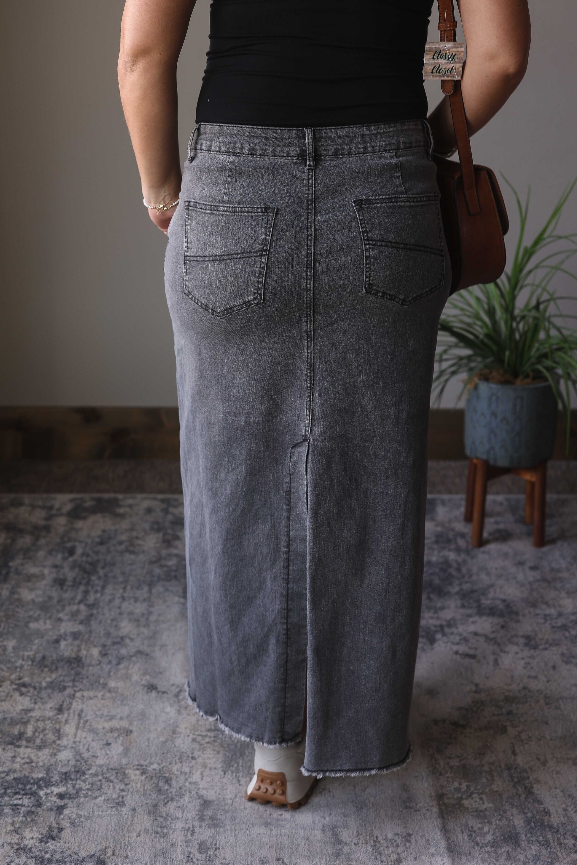 Dark Grey Denim Back Slit Maxi Skirt Classy Closet Modest Clothing