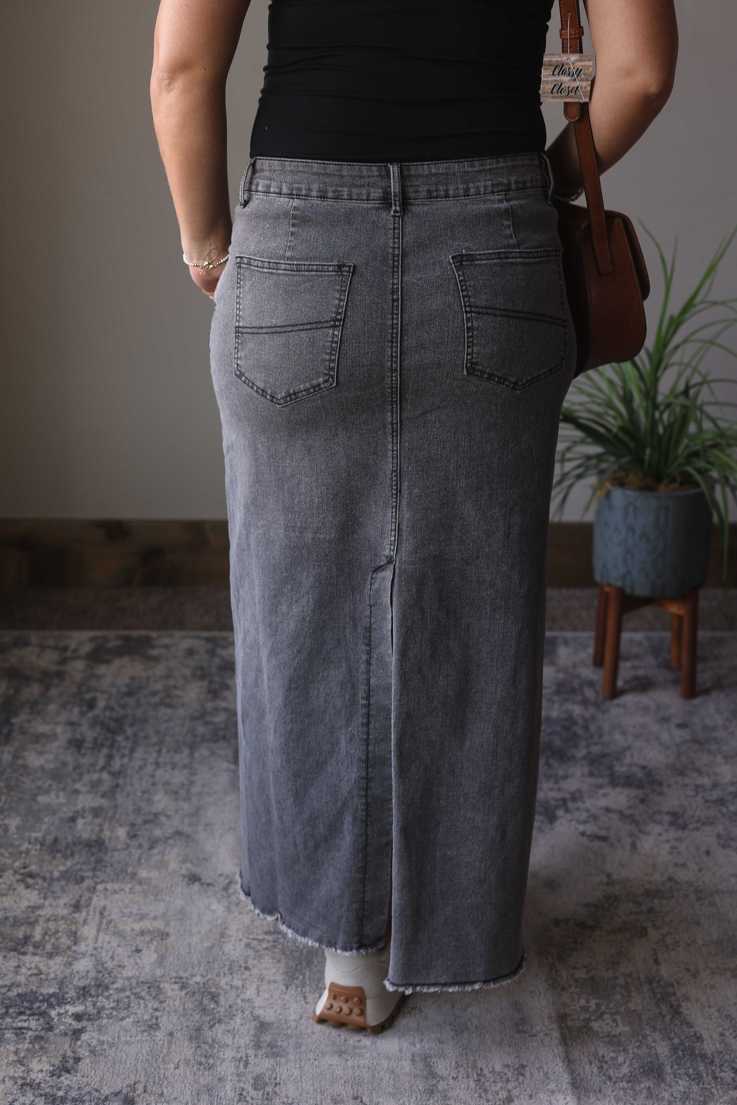 Dark Grey Denim Back Slit Maxi Skirt