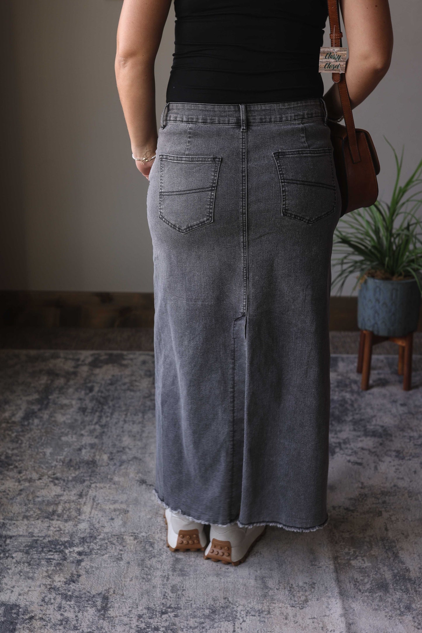 Dark Grey Denim Back Slit Maxi Skirt