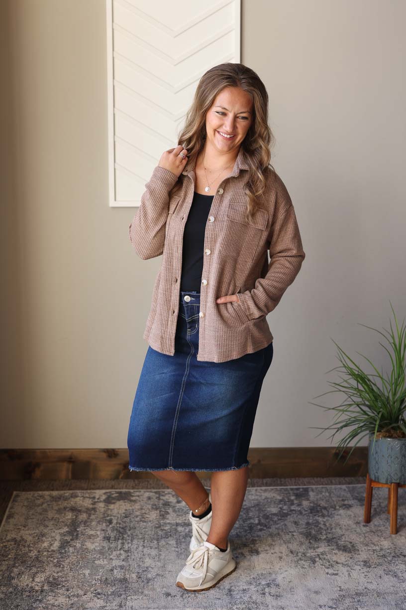 Dark Khaki Ribbed Knit Shacket, S-2XL PLUS