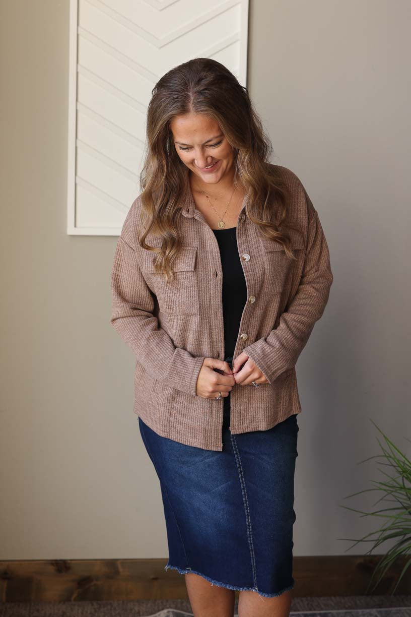 Dark Khaki Ribbed Knit Shacket, S-2XL PLUS