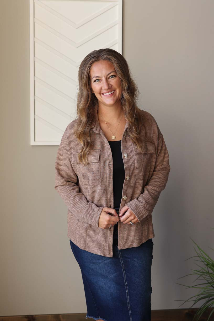 Dark Khaki Ribbed Knit Shacket, S-2XL PLUS