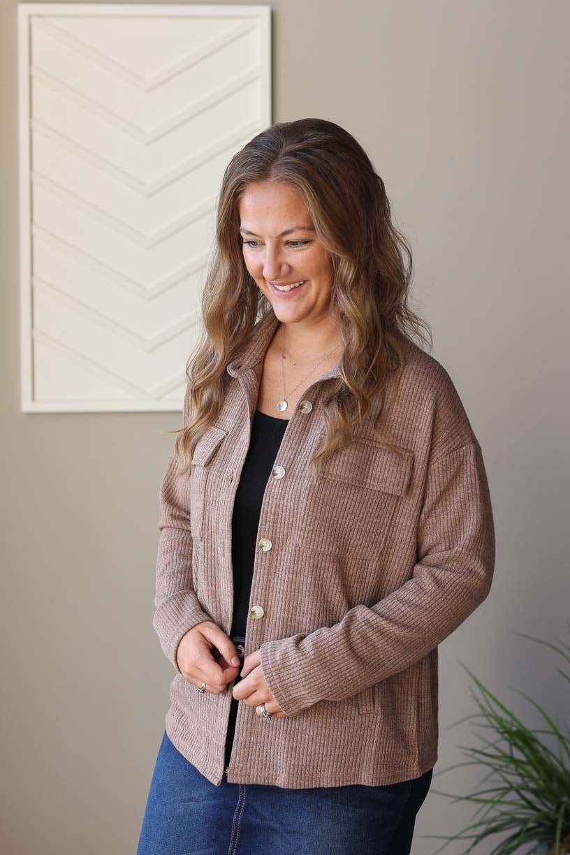 Dark Khaki Ribbed Knit Shacket, S-2XL PLUS