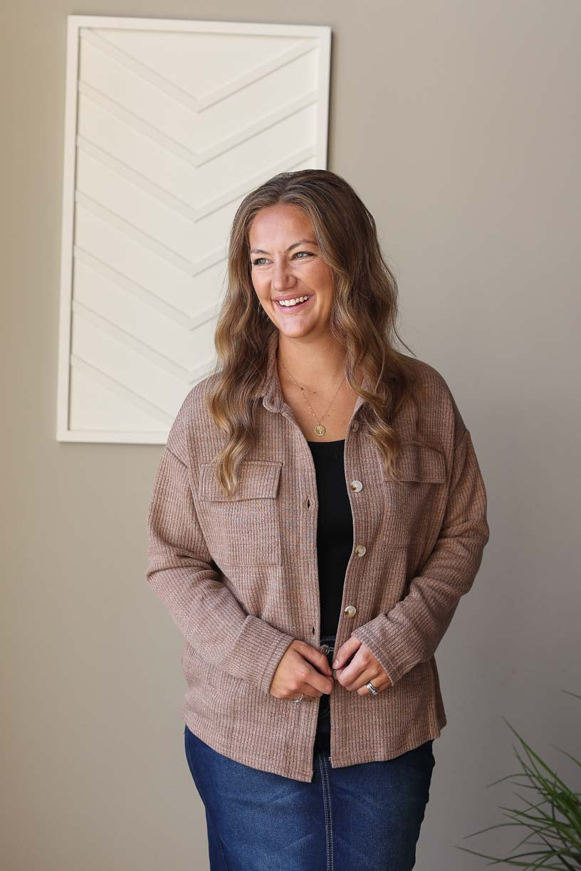Dark Khaki Ribbed Knit Shacket, S-2XL PLUS