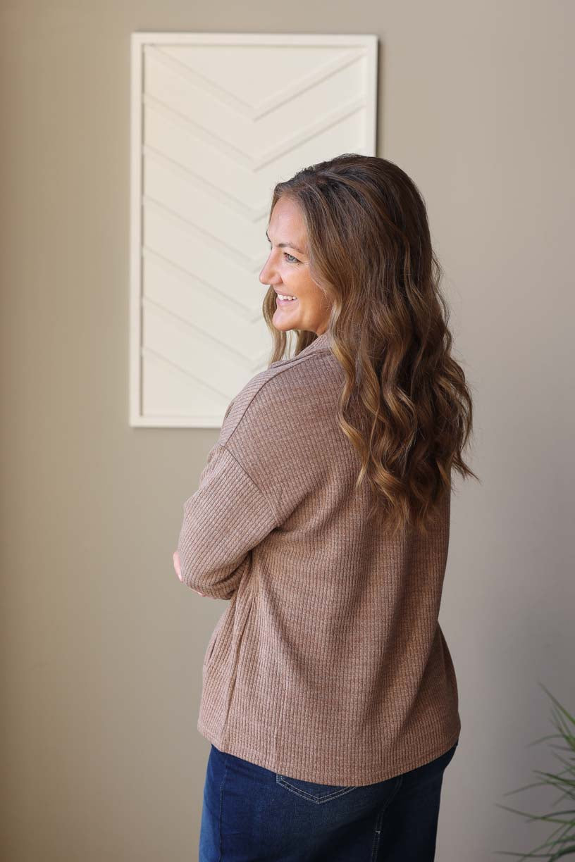 Dark Khaki Ribbed Knit Shacket, S-2XL PLUS