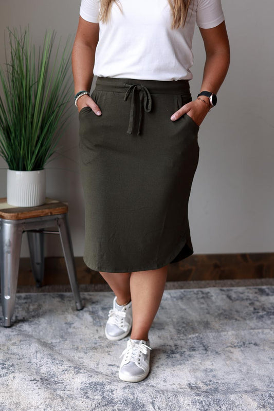 Elastic Waist Drawstring Hi-Low Casual Midi Skirt for Women at Classy Closet Women's Modest Fashion Skirt Store Boutique