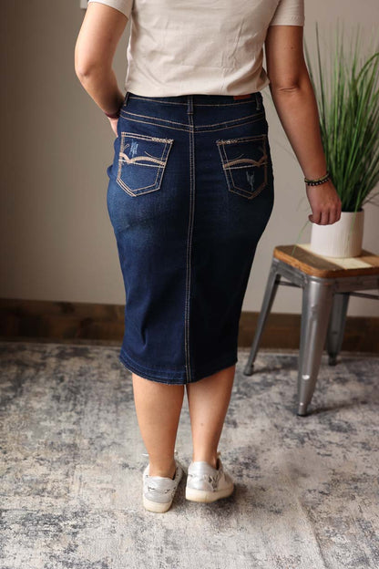 Brown Line Stitching Midi Denim Skirt