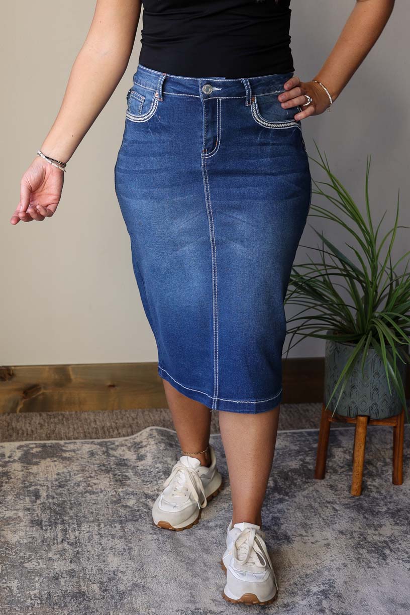 Get ready to elevate your outfit game with the Kate Dark Wash Heavy Stitching Denim Skirt. The heavy stitching adds a touch of excitement to this versatile piece that can be dressed up or down for any occasion. Pair it with your favorite tops for a simple yet trendy look. Hard to find knee length denim skirts are here at Classy Closet. Modest Skirts for Women