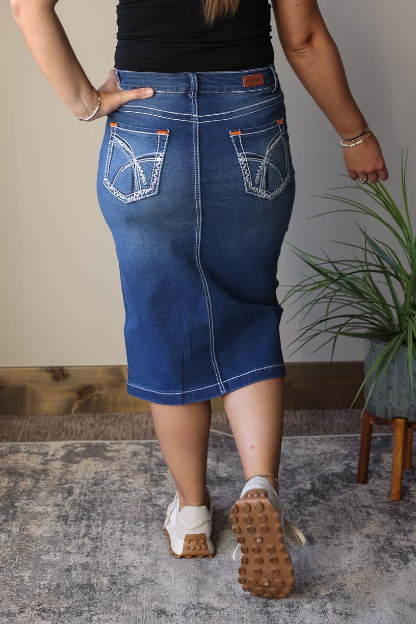 Kate Dark Wash Heavy Stitching Denim Skirt