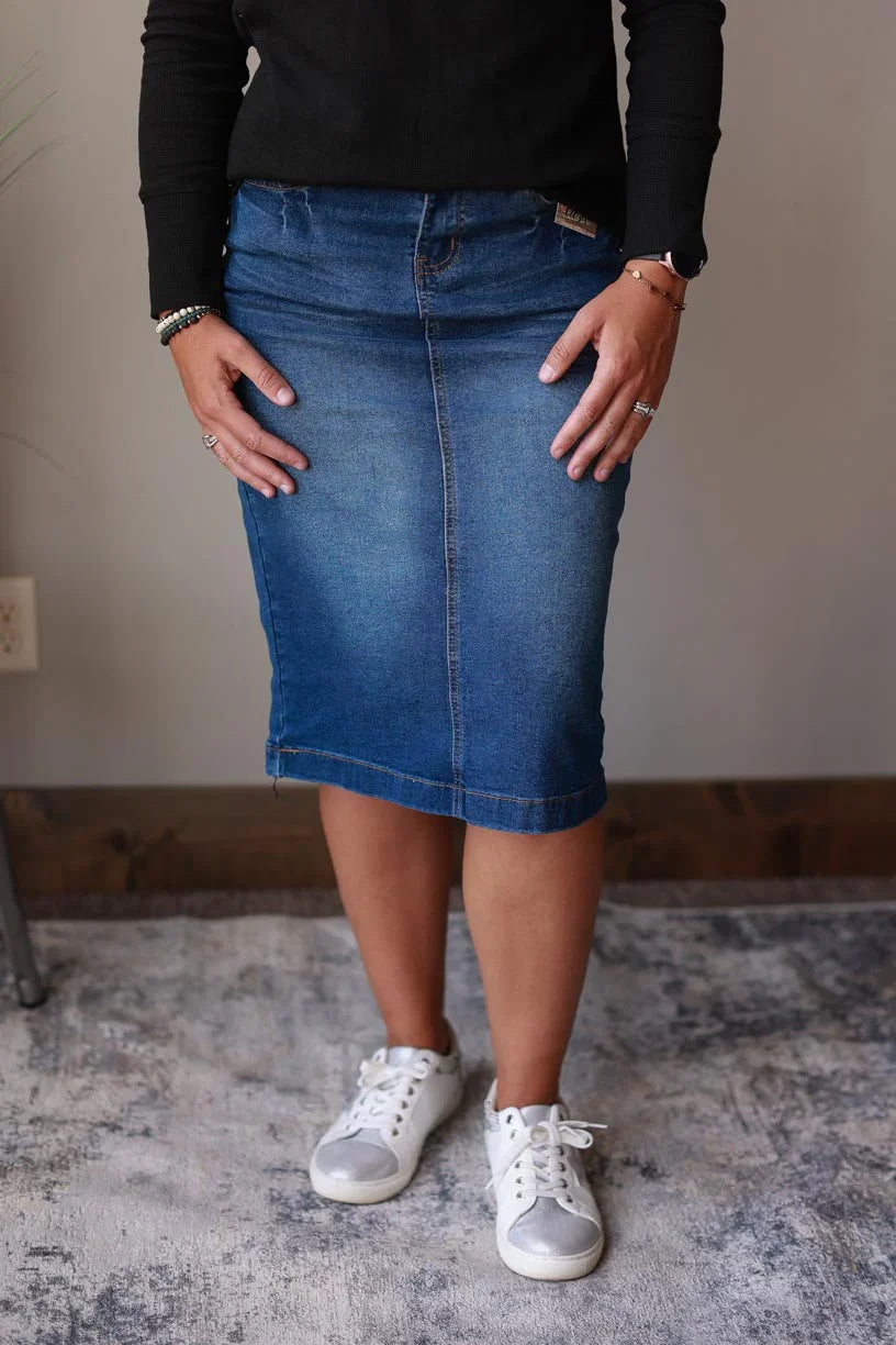 Medium Wash Solid Stretch Midi Denim Skirt | Women's Modest Fashion Classy Closet Online Skirt Boutique for Women