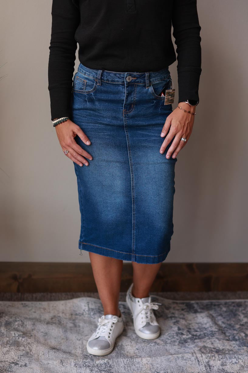 Medium Wash Solid Stretch Midi Denim Skirt | Women's Modest Fashion Classy Closet Online Skirt Boutique for Women
