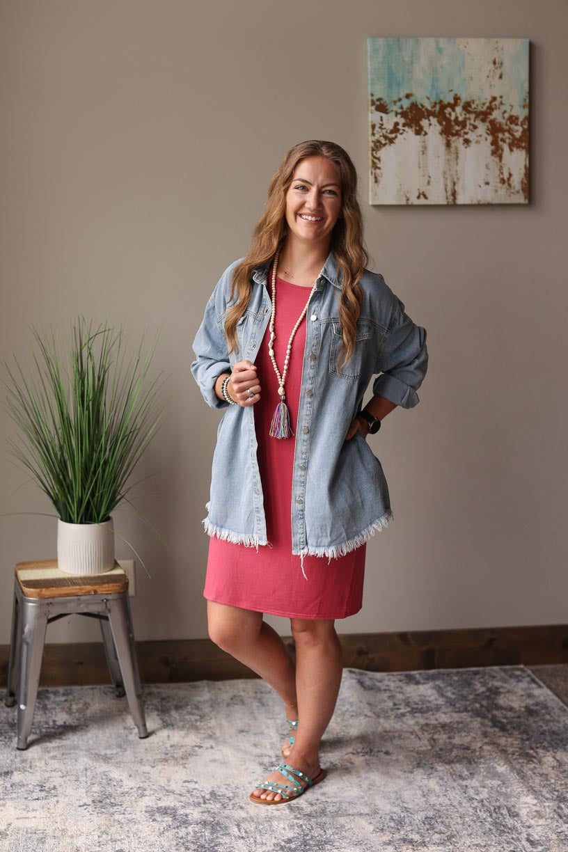 Light Wash Raw Hem Denim Shirt Jacket Casual Summer Outfits at Classy CLoset Online modest Boutique for Moms Iowa