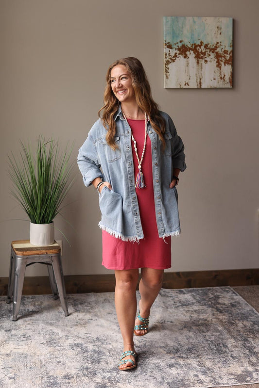 Light Wash Raw Hem Denim Shirt Jacket Casual Summer Outfits at Classy CLoset Online modest Boutique for Moms Iowa