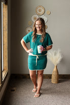 evergreen emerald beige trim short sleeve and active skort set for summer outfits