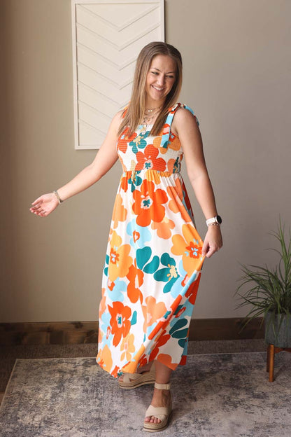 Summer Floral Self-Tie Smocked Maxi Dress