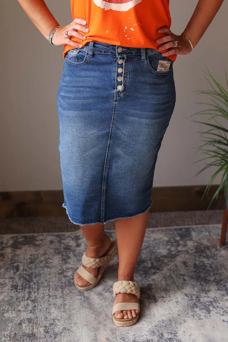 Fray Button Fly Midi Denim Skirt Classy Closet Modest Clothing – ️💙 ...