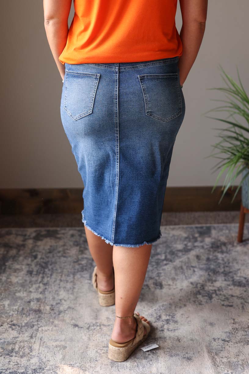 Fray Button Fly Midi Denim Skirt