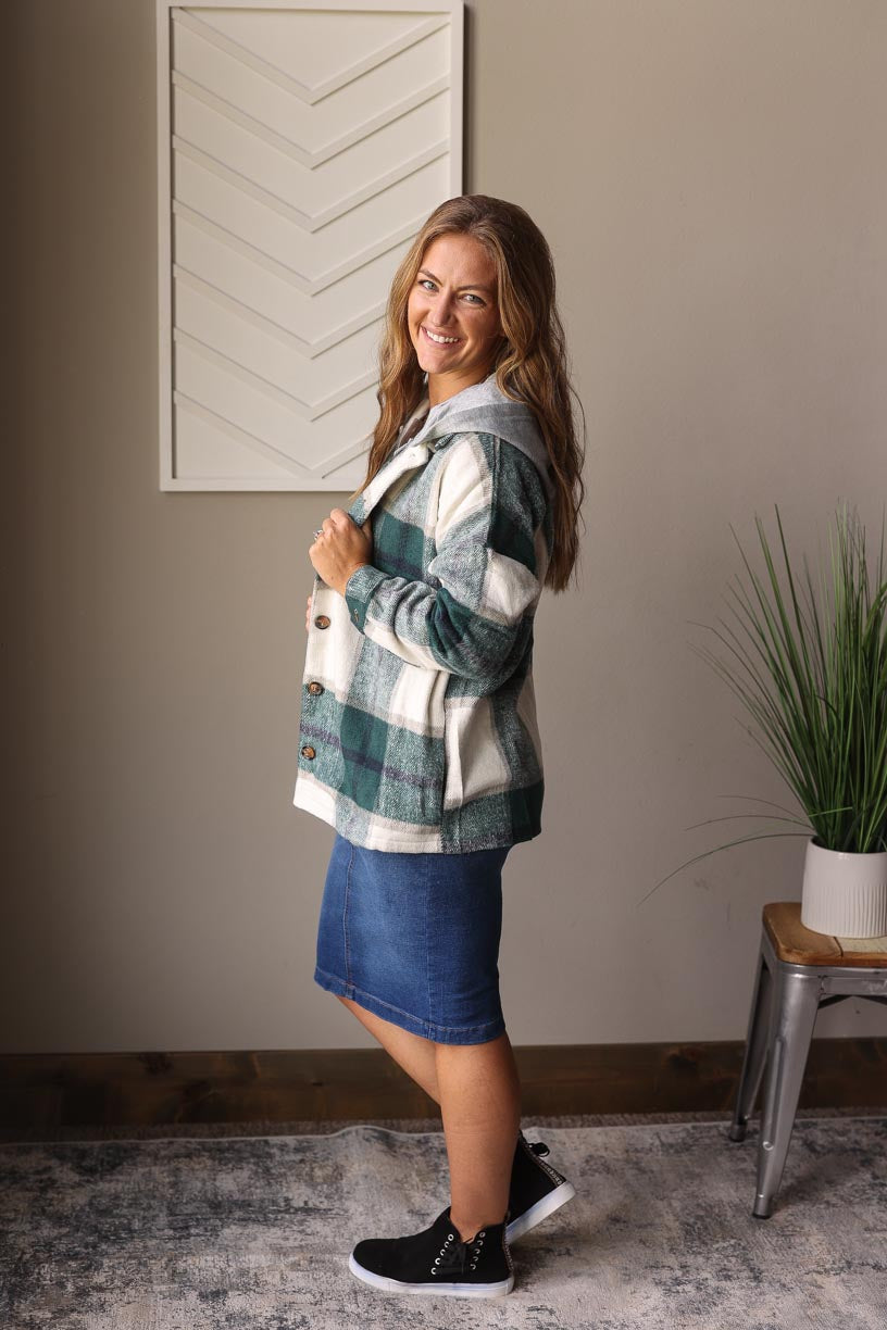 This green plaid hooded shacket is perfect for staying cozy while looking stylish. The dark green and grey tone plaid add a splash of color to any outfit. Fall Winter Fashion at Classy Closet Online Boutique