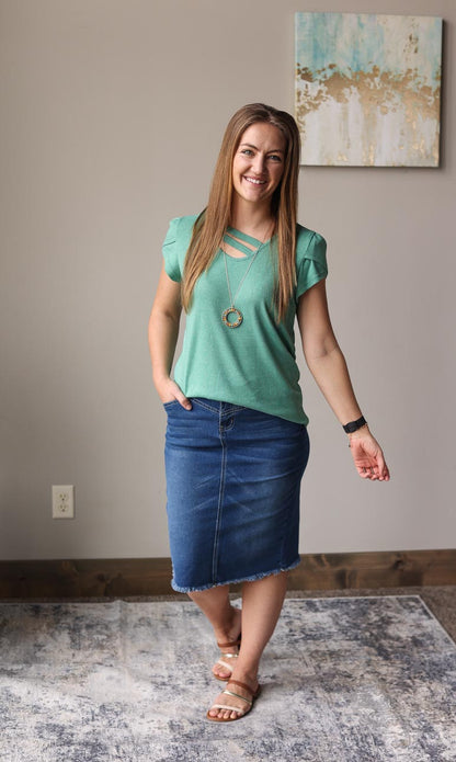 Green V-Neck Overlap Short Sleeve Top Everyday Mom Style Summer Outfits at Classy Closet Boutique
