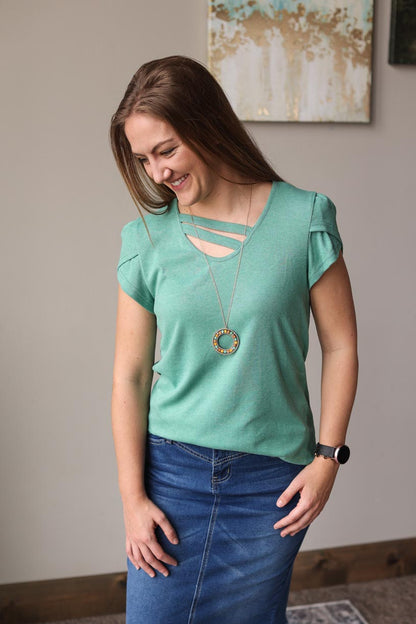 Green V-Neck Overlap Short Sleeve Top Everyday Mom Style Summer Outfits at Classy Closet Boutique