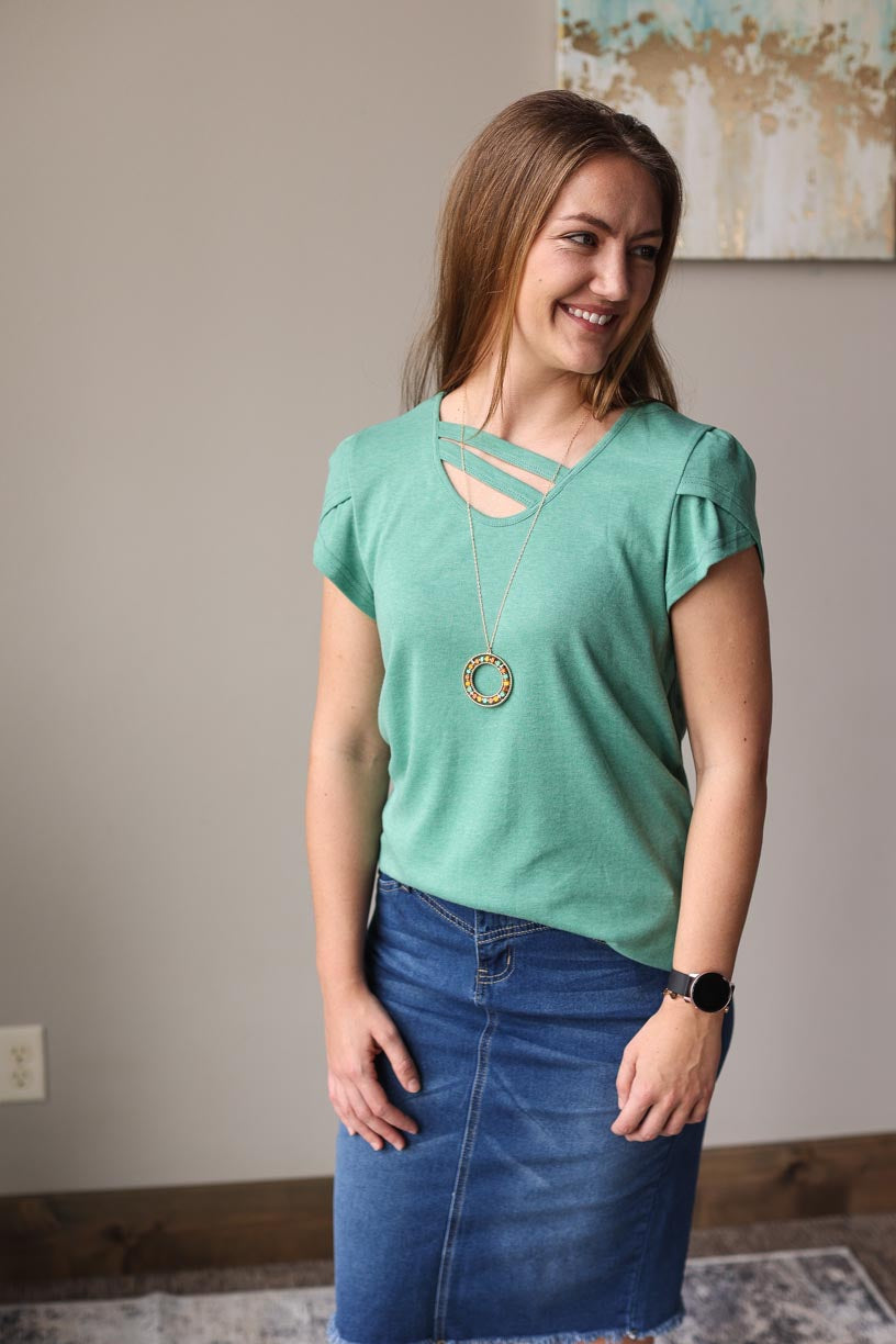 Green V-Neck Overlap Short Sleeve Top Everyday Mom Style Summer Outfits at Classy Closet Boutique