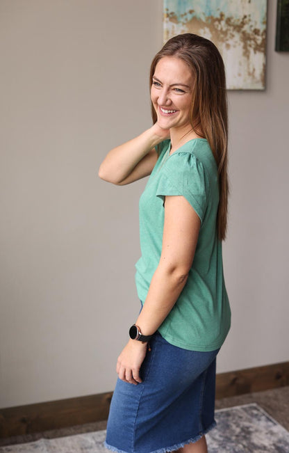 Green V-Neck Overlap Short Sleeve Top Everyday Mom Style Summer Outfits at Classy Closet Boutique