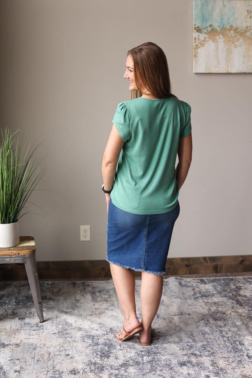 Green V-Neck Overlap Short Sleeve Top Everyday Mom Style Summer Outfits at Classy Closet Boutique