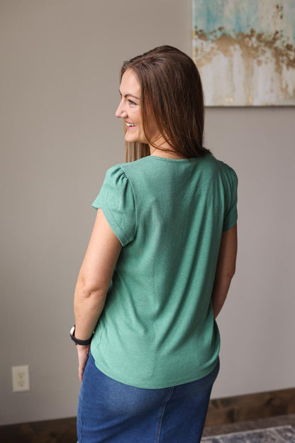Green V-Neck Overlap Short Sleeve Top Everyday Mom Style Summer Outfits at Classy Closet Boutique