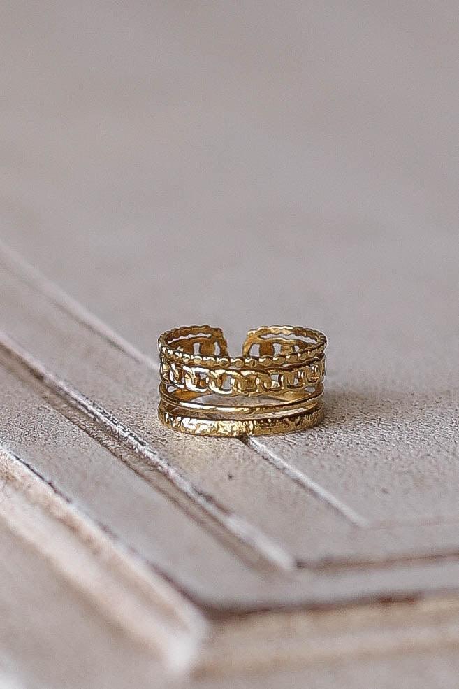 Get the stacked look the easy way. This completely adjustable stainless steel ring is a must have for everyone.

"All of our rings are gold plated stainless steel. Because stainless steel is a strong material, our pieces hold up through everyday wear and tear. No jewelry is designed for water as every time jewelry gets wet, it will slowly remove some of its platting. Every day washing hands and dishes will not affect the color of the metal but continued water exposure will eventually remove the plating, as 