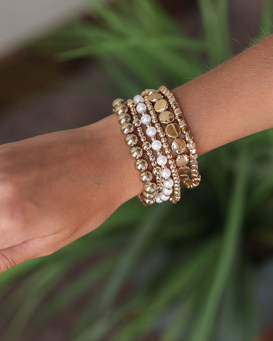 Gold Pearl Beaded Multi Layer Elastic Bracelets