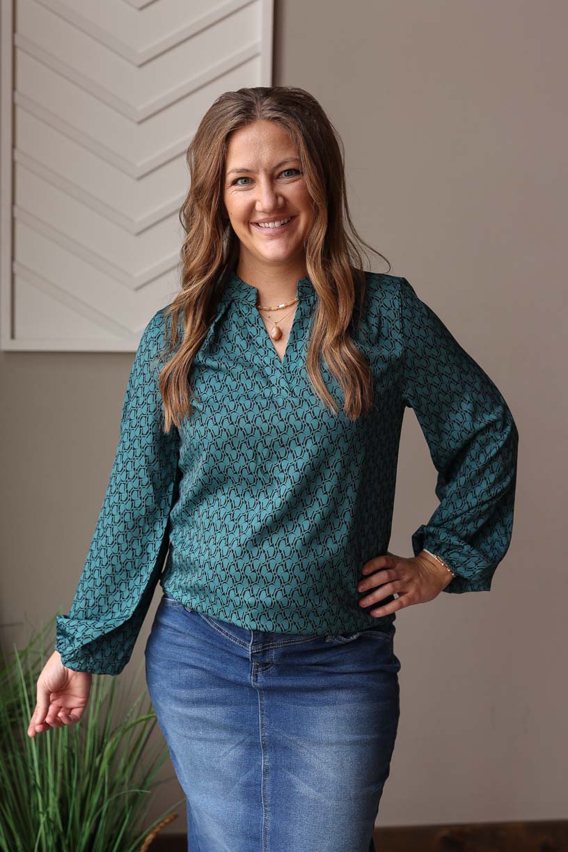 Green Geometric Print Blouse; L or XL