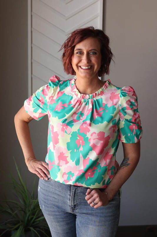 Green Abstract Frilly Neck Top