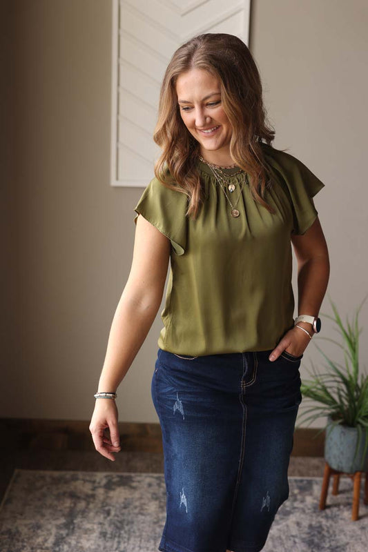 Jungle Green Flutter Sleeve Satin Top; S, M