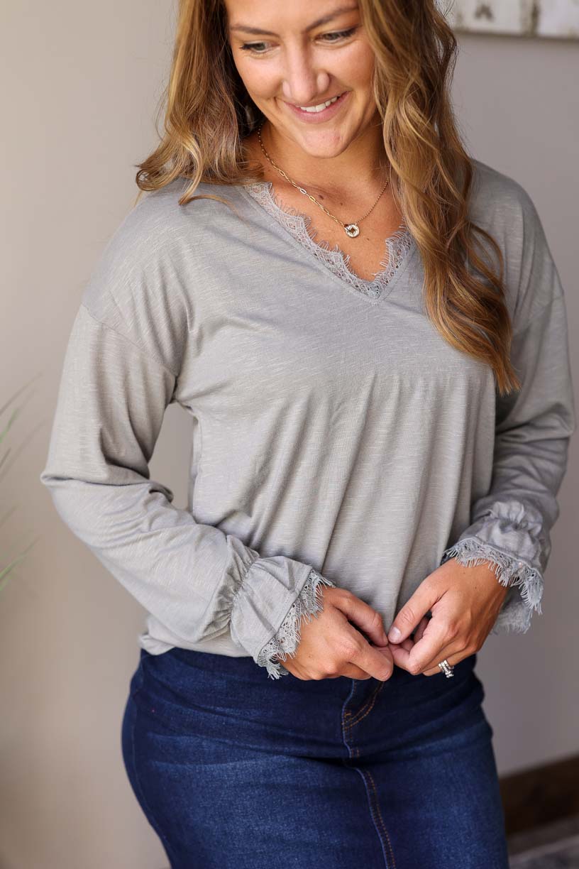 Gray V-Neck Lace Feminine Chic Top for Fall Winter Fashion for Work Teachers Office or Holiday at Classy Closet Women's Online Boutique