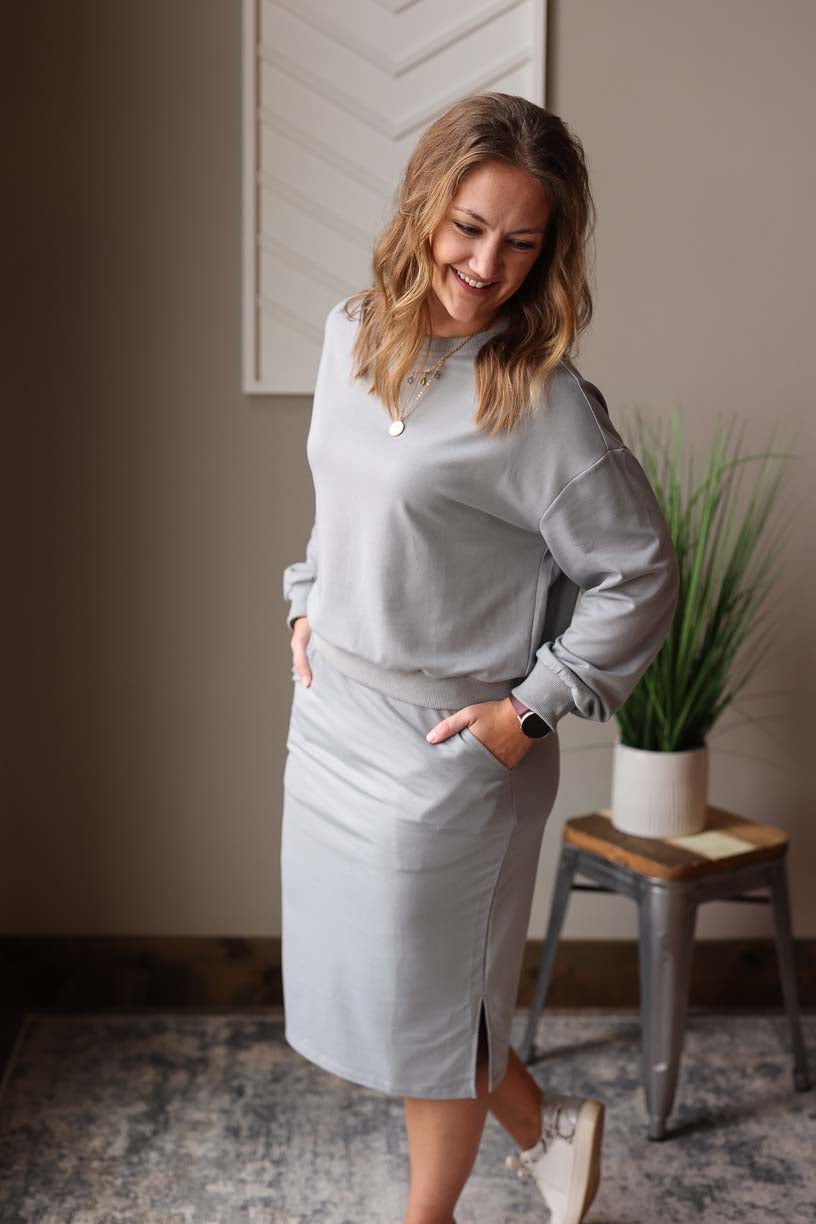 Grey French Terry Pullover and Casusal Skirt Set • M or L