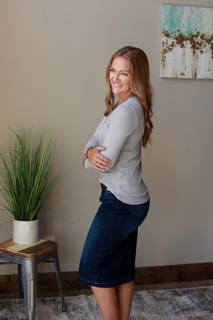 Grey Henley Waffle Layering Top | Women's Everyday Casual Style  at Classy Closet Online modest Fashion Boutique Iowa