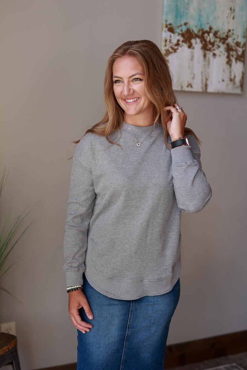 Grey Crewneck Long Sleeve Casual Top | Everyday Comfy Style Classy Closet Online Boutique for Mom Style Near Me Iowa