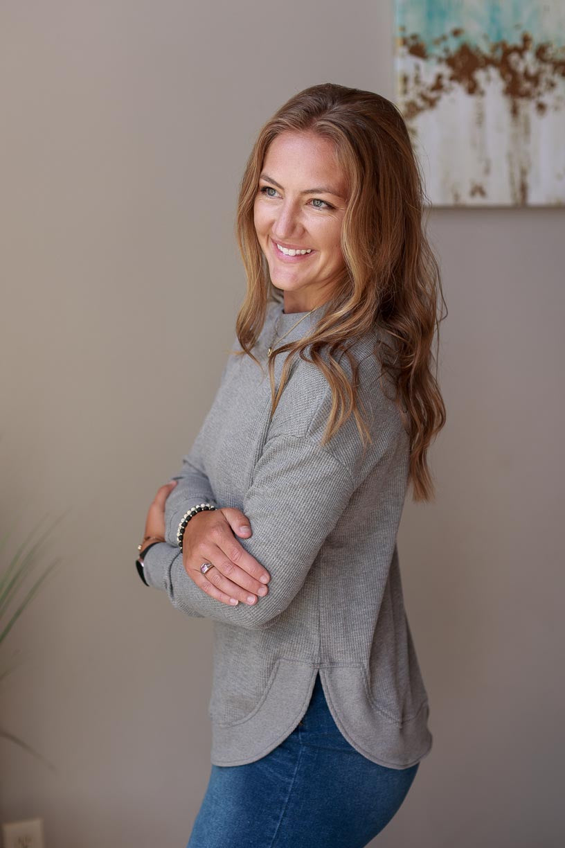 Grey Crewneck Long Sleeve Casual Top | Everyday Comfy Style Classy Closet Online Boutique for Mom Style Near Me Iowa