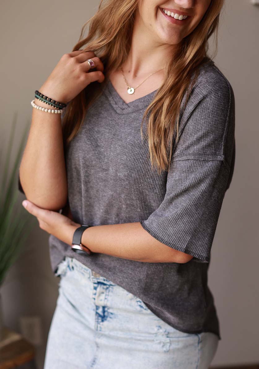 Whether you're running errands or relaxing at home, our Gray Waffle Oversized Top is the cozy choice for everyday style! Online Women's Clothing Boutique for Modest Fashion at Classy Closet