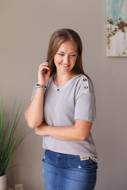 Grey Button Detail Crewneck Waffle Knit Top Casual Office Wear for Modest Women at Classy Closet Online Boutique Iowa