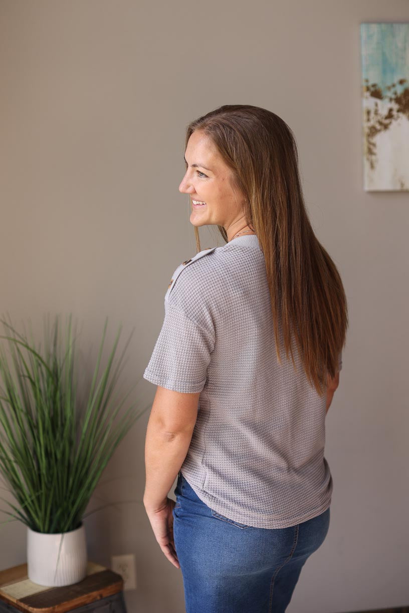 Grey Button Detail Crewneck Waffle Knit Top Casual Office Wear for Modest Women at Classy Closet Online Boutique Iowa