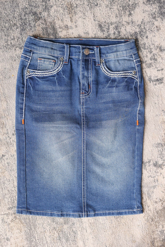 Introducing the perfect addition to your little girl's wardrobe - the Girls Heavy Stitching Denim Skirt with stretch! Crafted with cute heavy stitching, this denim skirt is a must-have for any stylish little girl. Get ready for happy and simple style with this adorable skirt. ***They also come with the adjustable button inside waistband! Classy Closet online women's boutique for denim skirts and modest fashion.