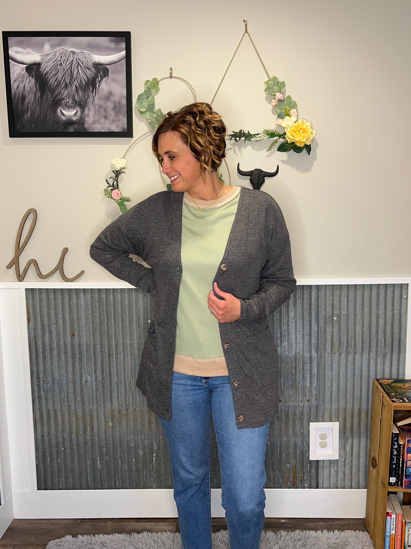 Grey Pocketed Button Front Cardigan; S-2XL PLUS
