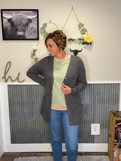 Grey Pocketed Button Front Cardigan; S-2XL PLUS