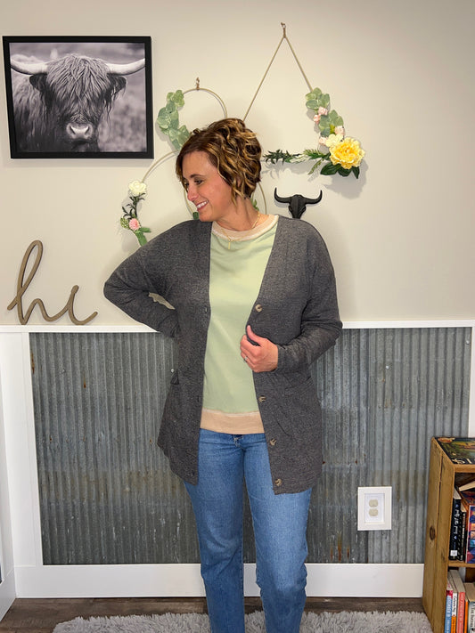 Grey Pocketed Button Front Cardigan; S-2XL PLUS