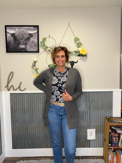 Grey Pocketed Button Front Cardigan; S-2XL PLUS