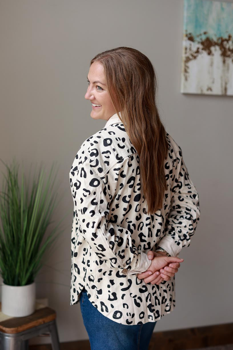 White Leopard Corduroy Button Up Top is the perfect way to spice up any outfit. This ivory cream shacket features a unique animal print, making it both striking and versatile. at Classy Closet Online Women's Boutique for Modest Fashion Near Me