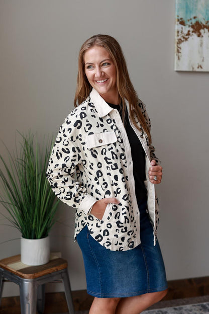 White Leopard Corduroy Button Up Top is the perfect way to spice up any outfit. This ivory cream shacket features a unique animal print, making it both striking and versatile. at Classy Closet Online Women's Boutique for Modest Fashion Near Me