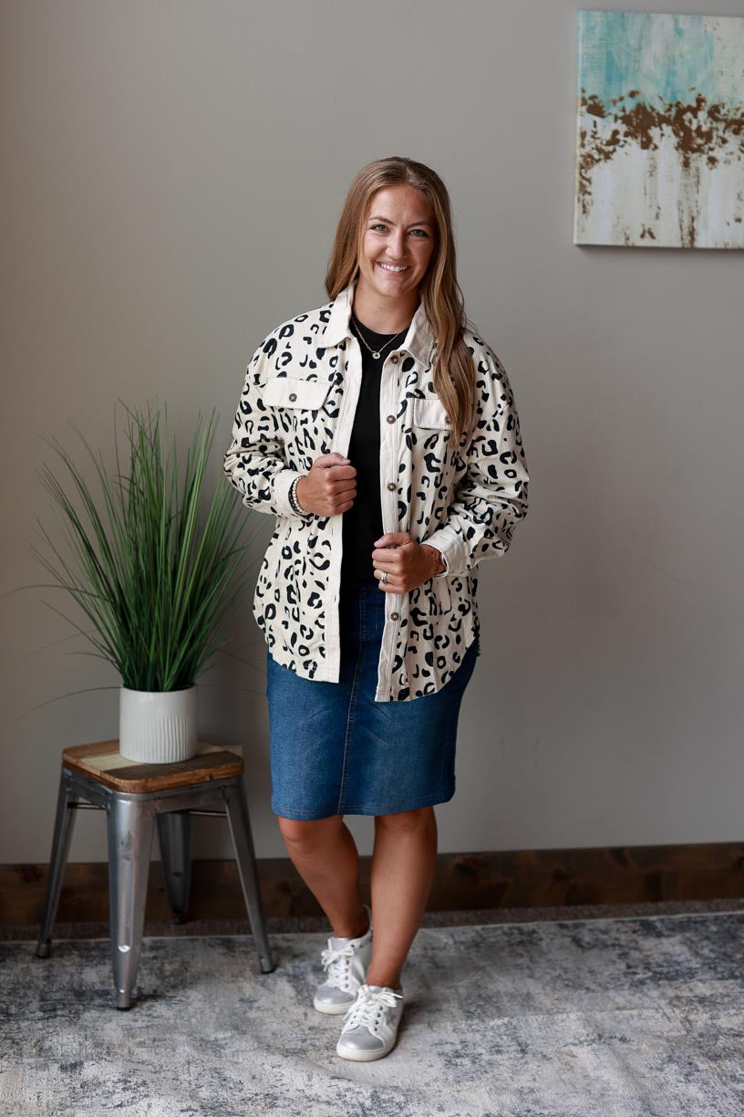 White Leopard Corduroy Button Up Top is the perfect way to spice up any outfit. This ivory cream shacket features a unique animal print, making it both striking and versatile. at Classy Closet Online Women's Boutique for Modest Fashion Near Me