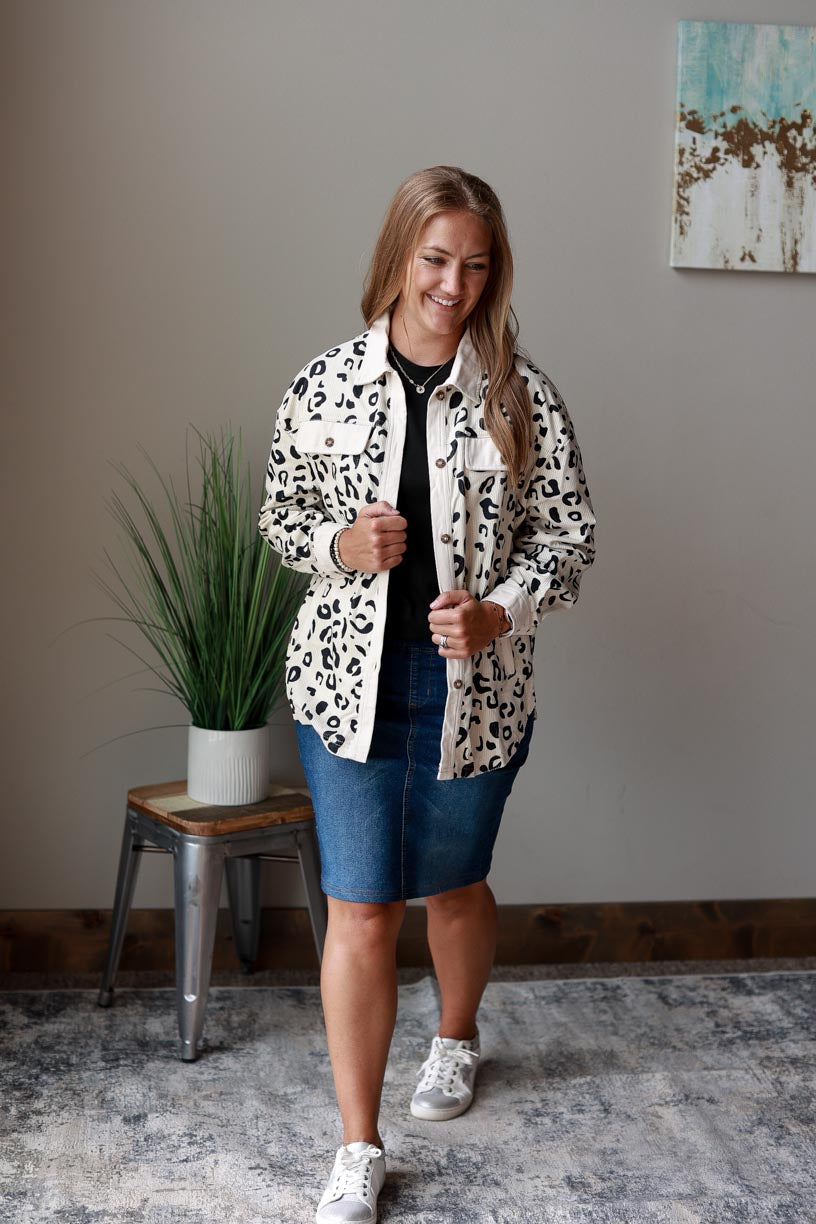 White Leopard Corduroy Button Up Top is the perfect way to spice up any outfit. This ivory cream shacket features a unique animal print, making it both striking and versatile. at Classy Closet Online Women's Boutique for Modest Fashion Near Me